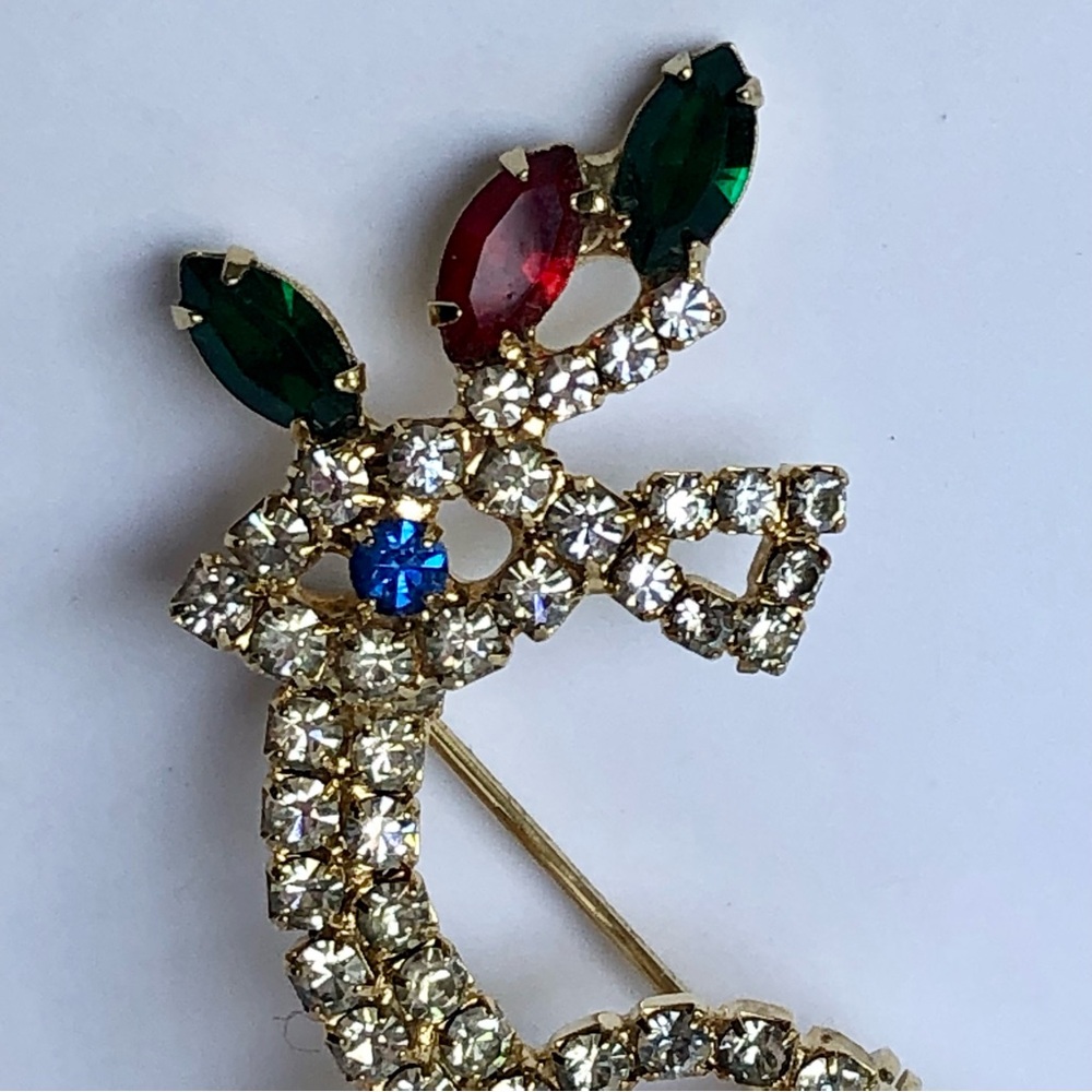 Vintage Rhinestone Reindeer Brooch Pin gold tone Rudolph